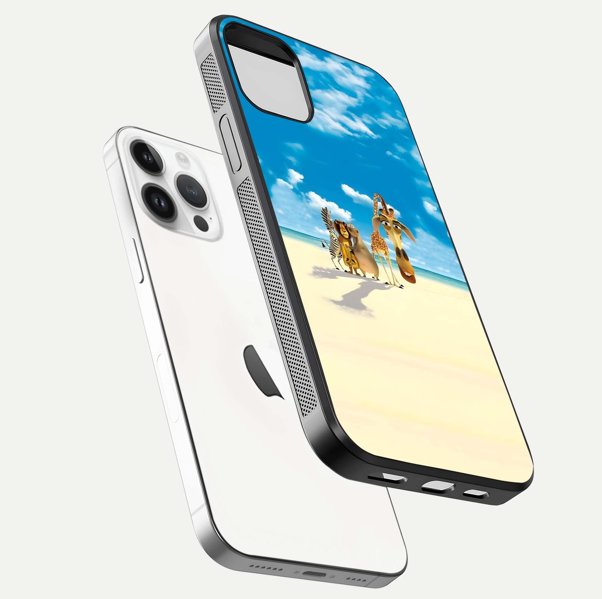 Tropical Fun Squad Glass Case for iPhone 14 Pro floating dual-view mockup displaying gloss reflection and contrast