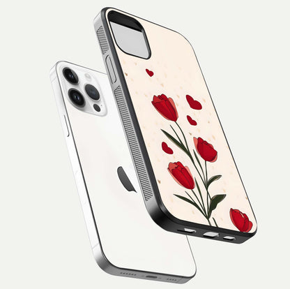 Tulip With Heart Glass Case for iPhone 16 Pro floating dual-view mockup displaying gloss texture and shine