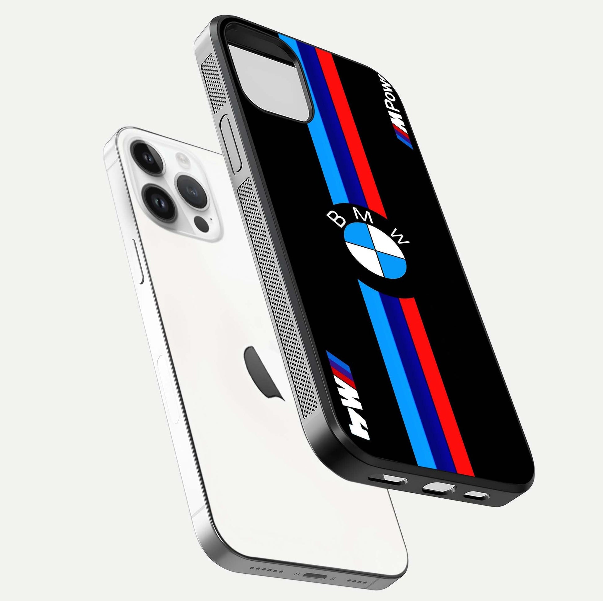 Turbo BMW Beast Glass Case for iPhone 14 Pro floating dual-view mockup displaying gloss texture and vivid print