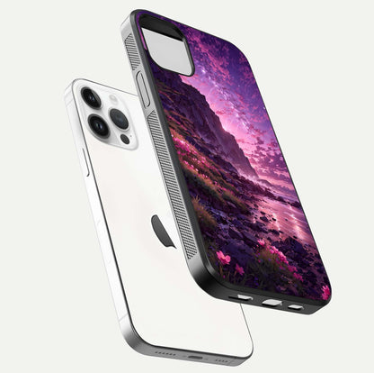 Twilight Blossom Coast Glass Case for iPhone 14 Pro floating dual-view mockup displaying gloss surface and detail