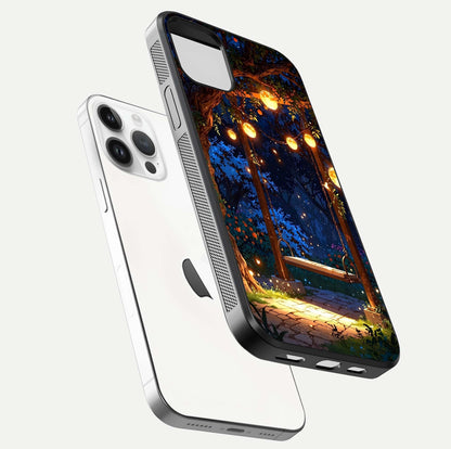 Twilight Garden Swing Glass Case for iPhone 16 Pro floating dual-view mockup displaying gloss and tone balance