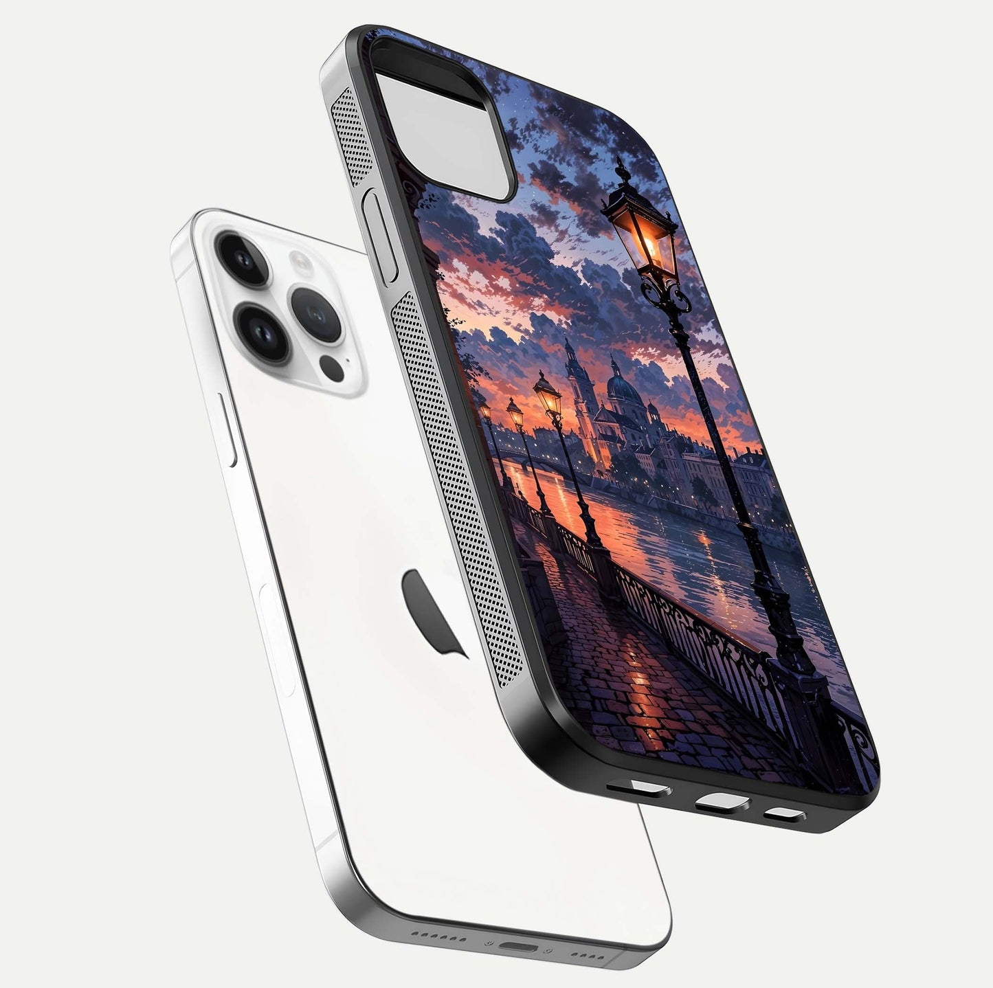 Twilight River Lights Glass Case for iPhone 14 Pro floating dual-view mockup displaying gloss shine and vivid details