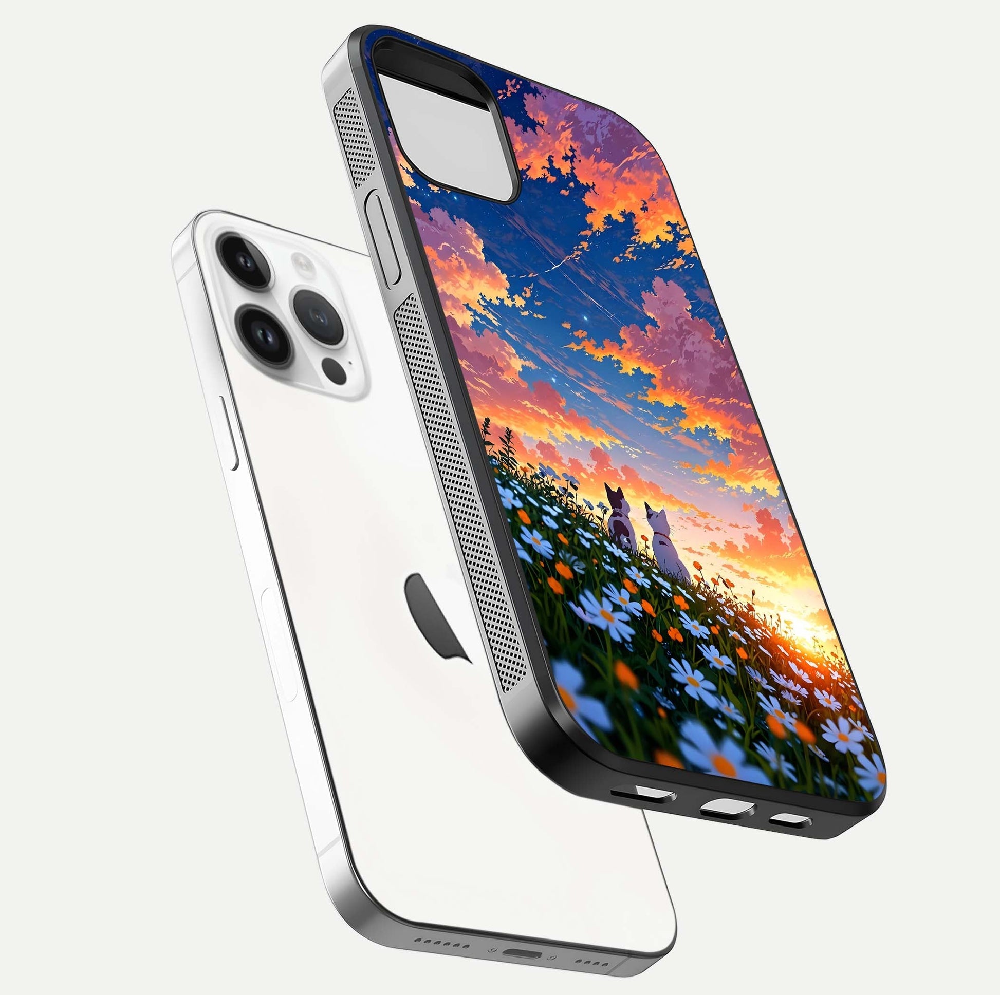 Two Cats Friends Glass Case for iPhone 16 Pro floating dual-view mockup displaying gloss surface and HD print