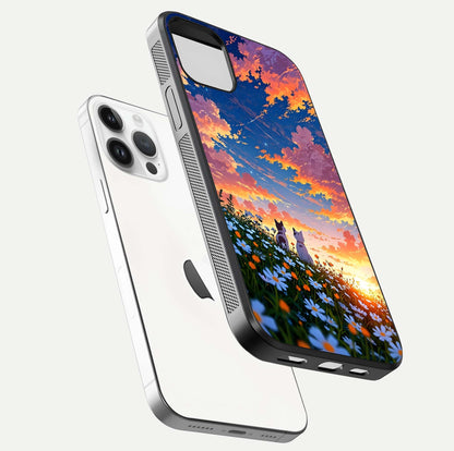 Two Cats Friends Glass Case for iPhone 16 Pro floating dual-view mockup displaying gloss surface and HD print