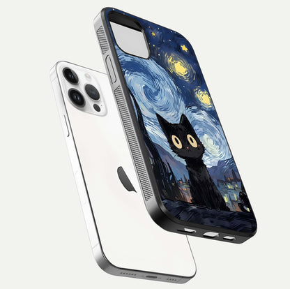 Van Gogh Cat Glass Case for iPhone 14 Pro floating dual-view mockup displaying gloss shine and artistic texture