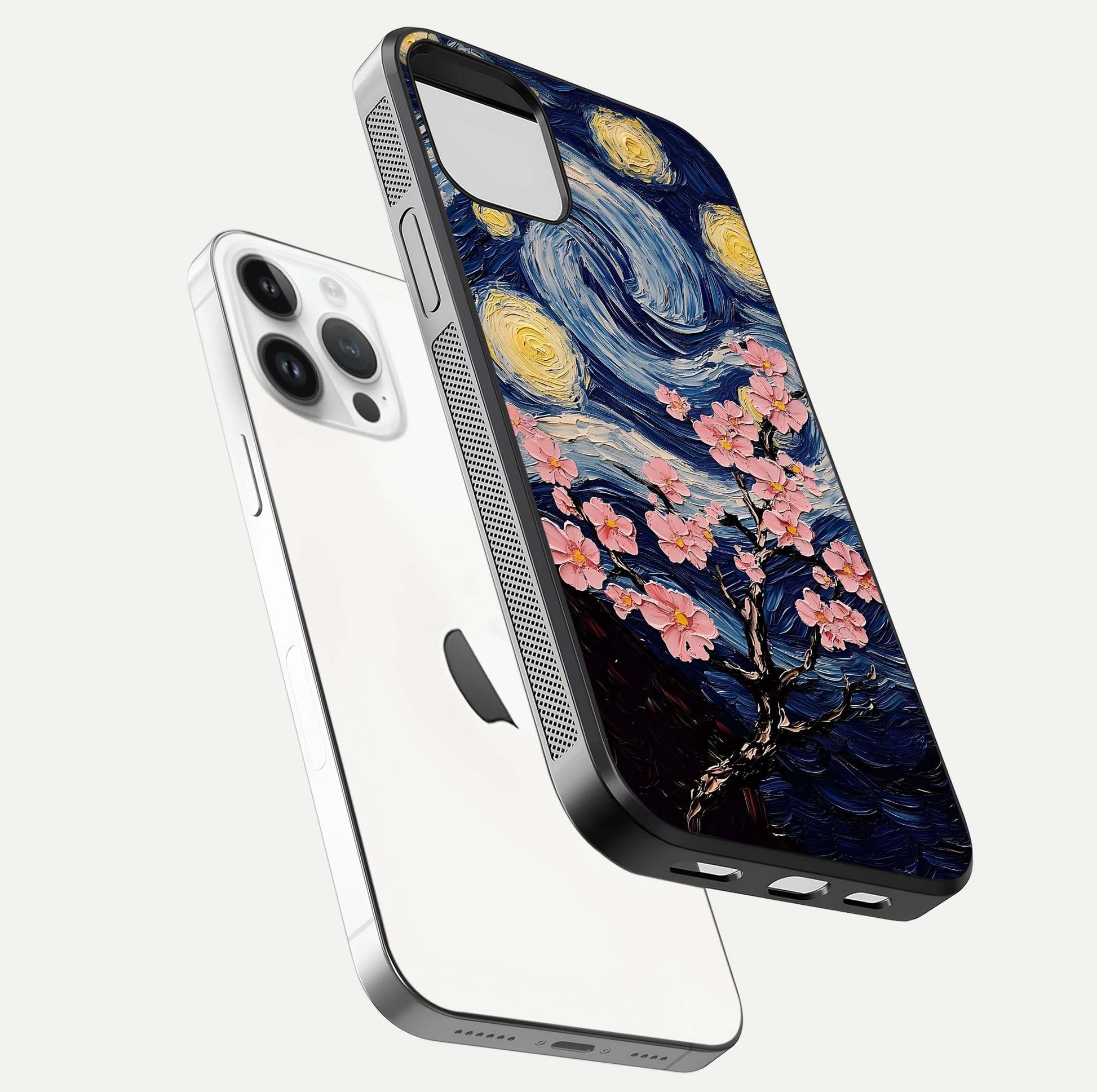 Van Gogh Scenery Glass Case for iPhone 14 Pro floating dual-view mockup displaying gloss reflection and HD quality