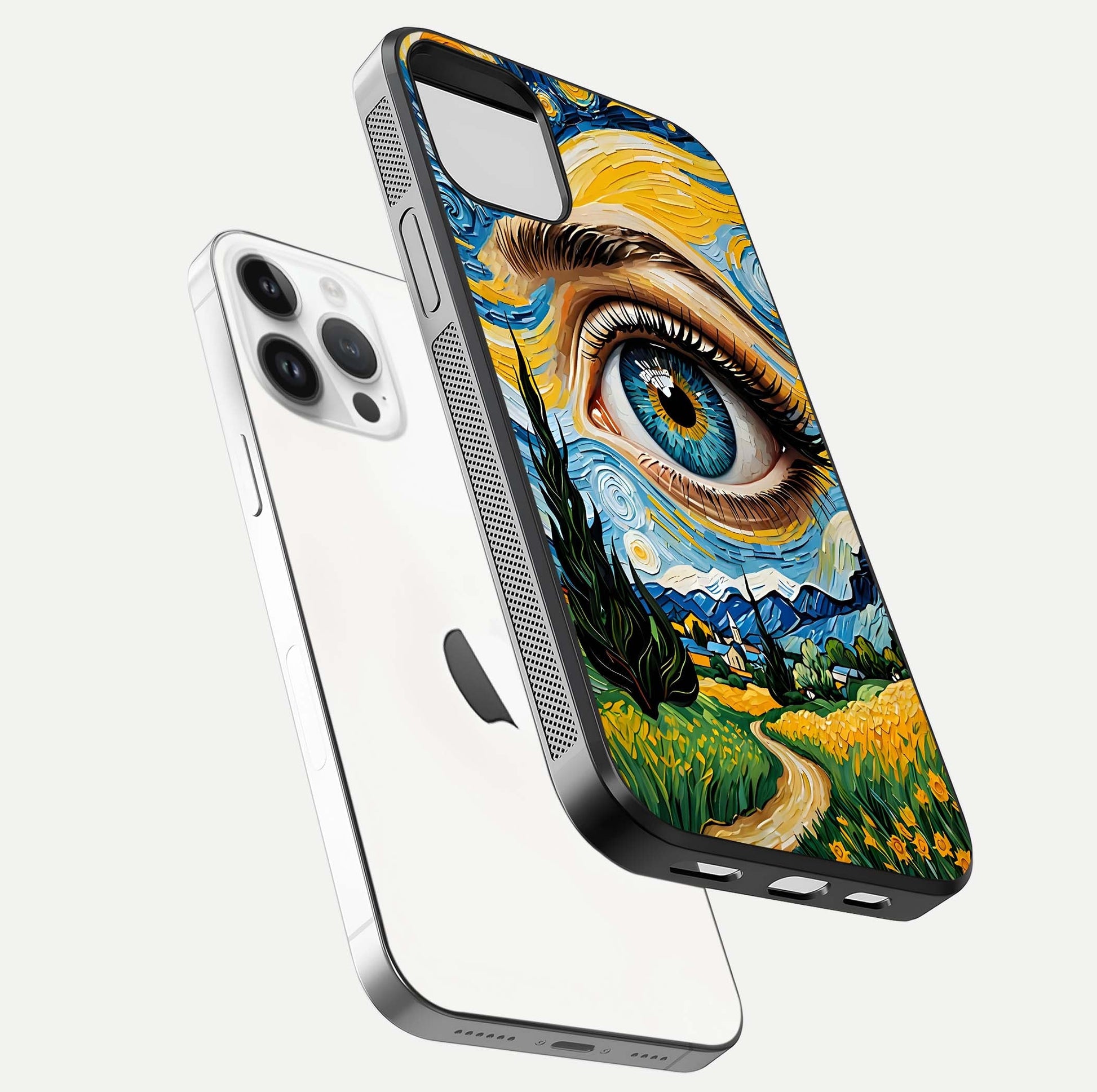 Van Gogh Eye Glass Case for iPhone 16 Pro floating dual-view mockup displaying gloss texture and depth
