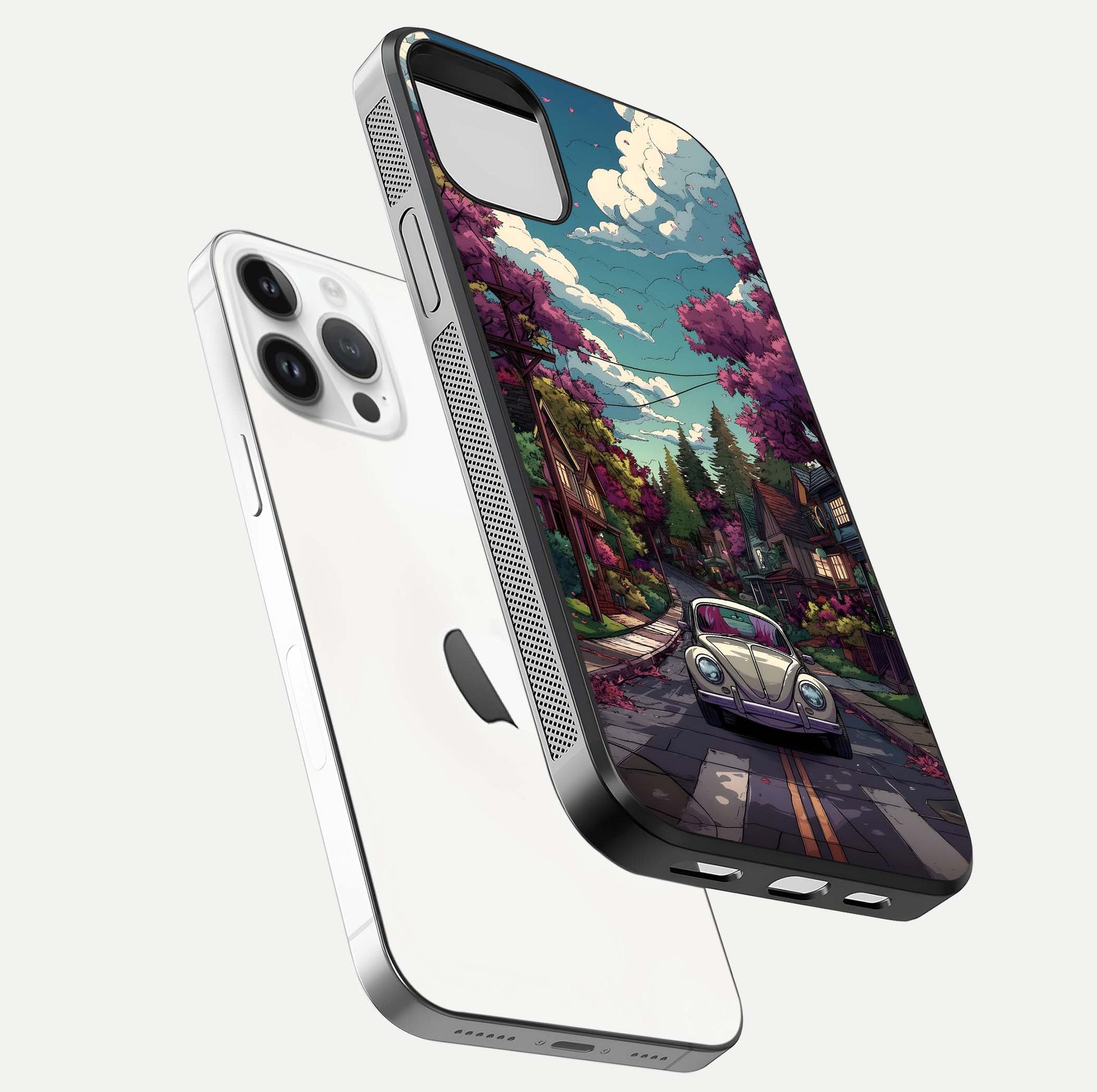 Vintage Street Drive Glass Case for iPhone 16 Pro floating dual-view mockup displaying gloss shine and texture