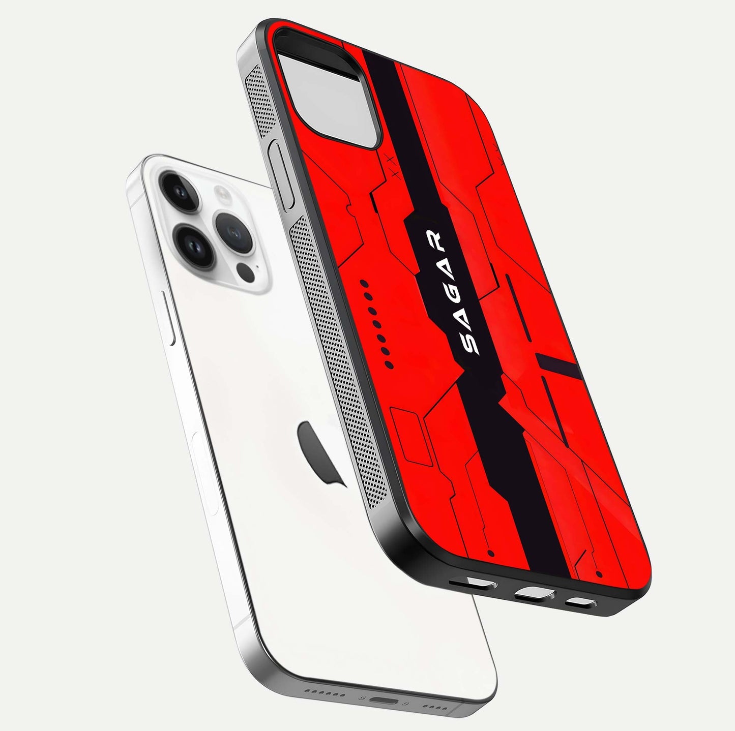 Voltage Rise CYBERPUNK Custom Name Glass Case for iPhone 14 Pro floating dual-view mockup displaying gloss shine and lighting