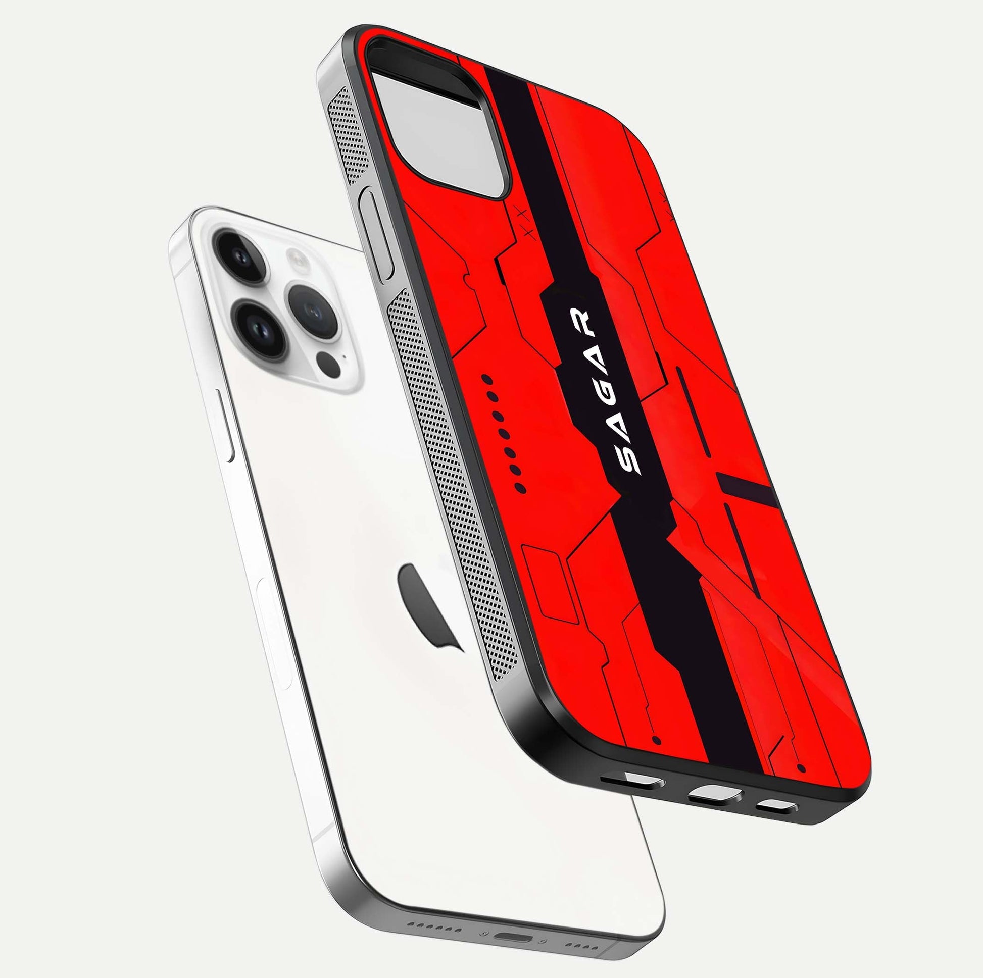 Voltage Rise CYBERPUNK Custom Name Glass Case for iPhone 14 Pro floating dual-view mockup displaying gloss shine and lighting