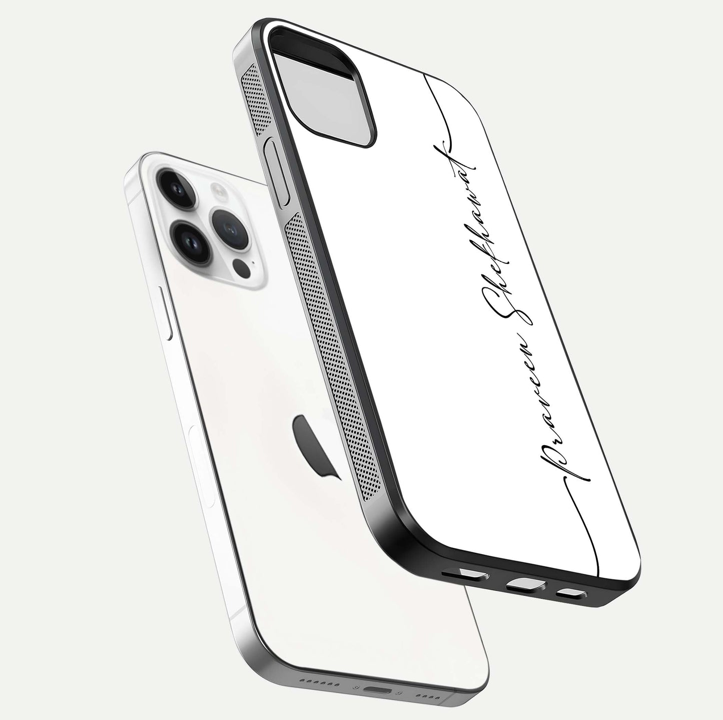White Tune Custom Name Glass Case for iPhone 14 Pro floating dual-view mockup displaying gloss and HD detail