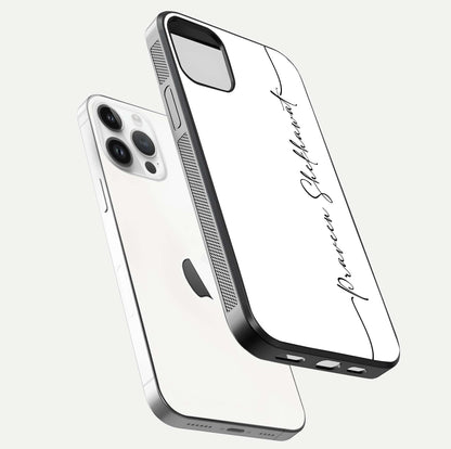 White Tune Custom Name Glass Case for iPhone 14 Pro floating dual-view mockup displaying gloss and HD detail