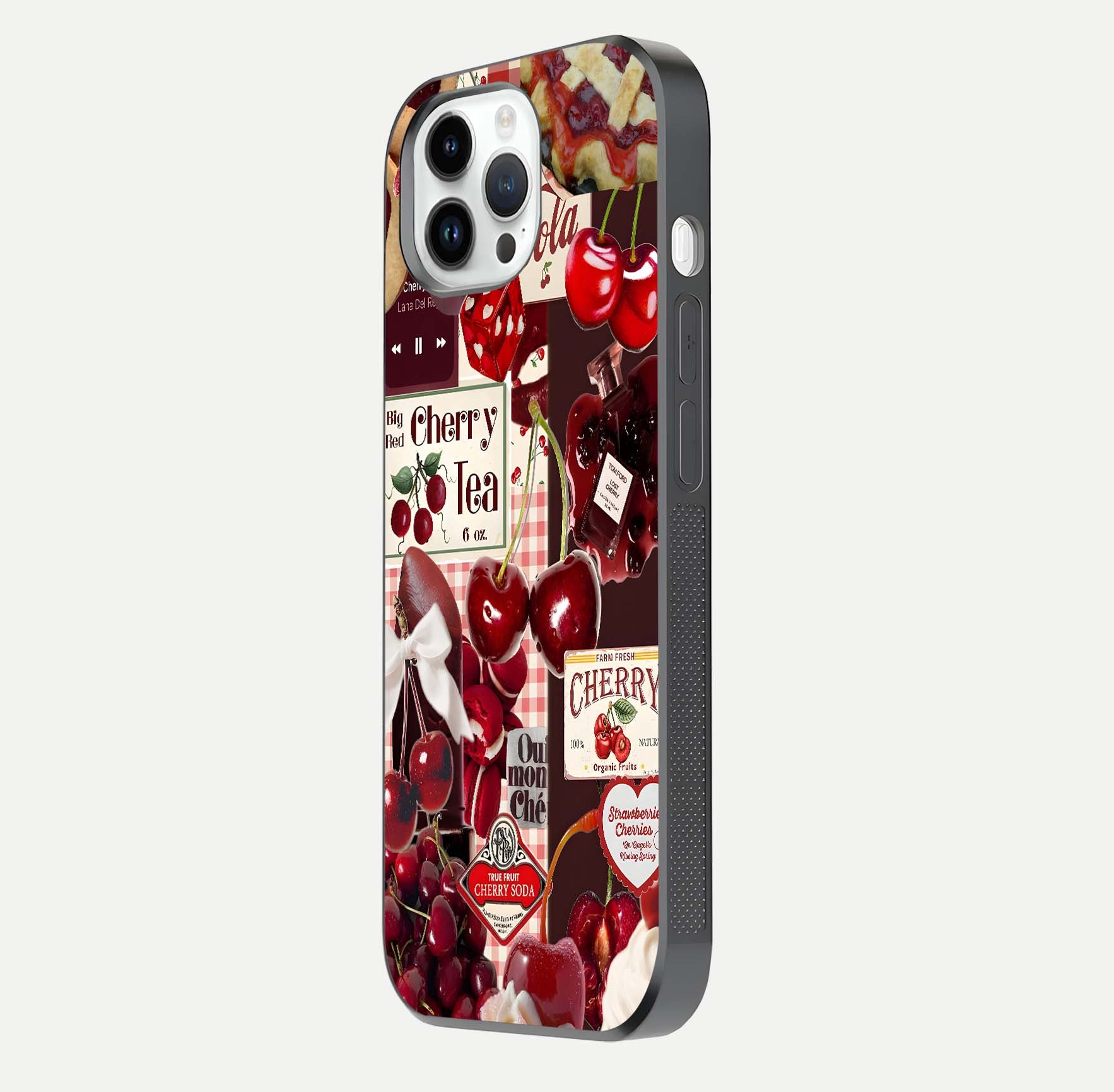 Aesthetic Cherry Tea Glass Case for iPhone 16 Pro side-angle image showing cherry collage print, camera module, and glossy finish reflection