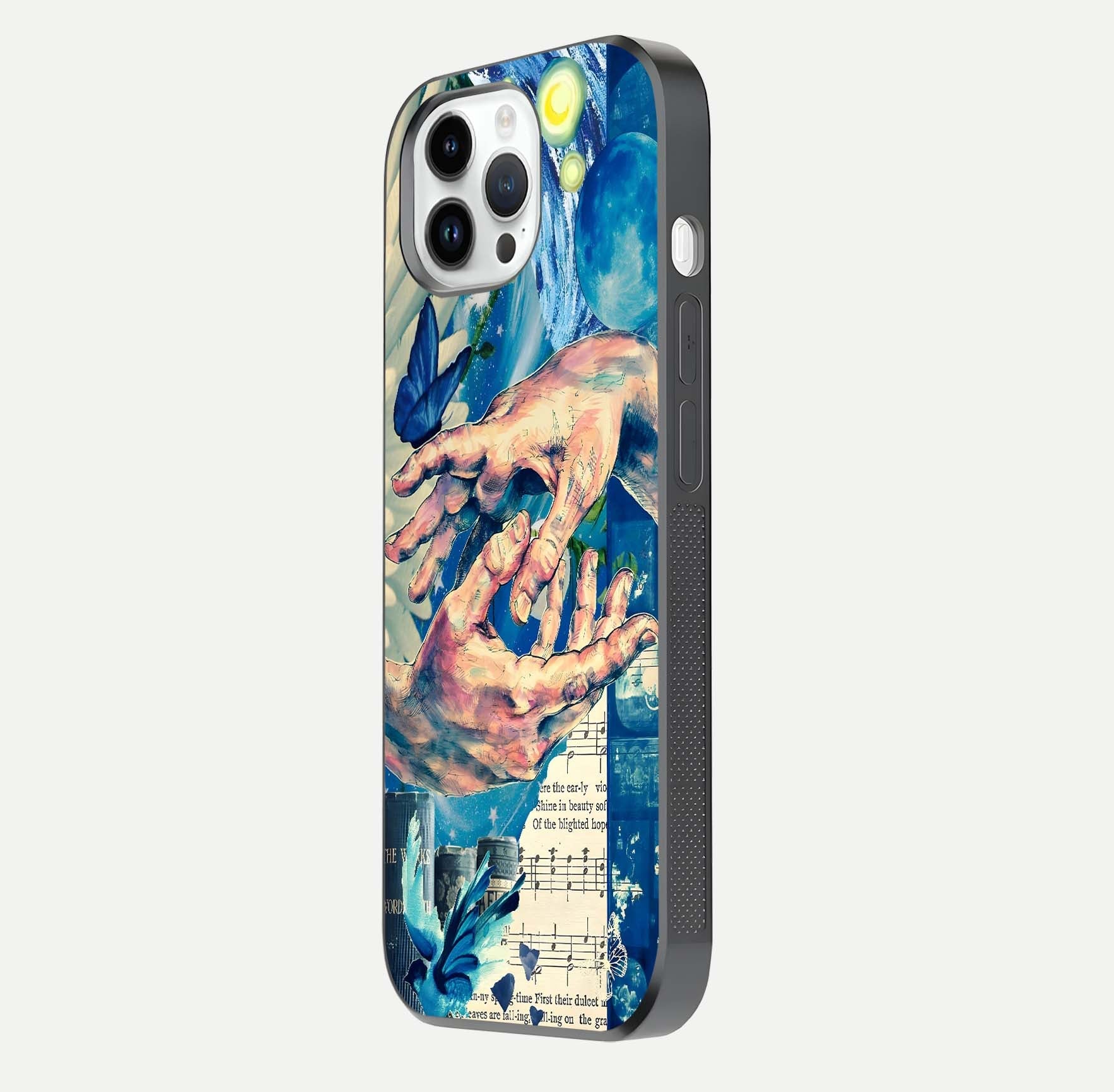 Aesthetic Divider Glass Case for iPhone 16 Pro side-angle image showing divider pattern print, camera module, and glossy finish reflection