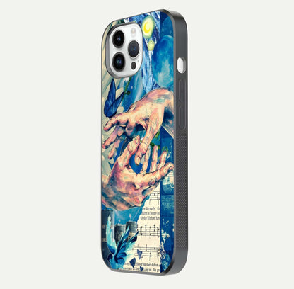 Aesthetic Divider Glass Case for iPhone 16 Pro side-angle image showing divider pattern print, camera module, and glossy finish reflection