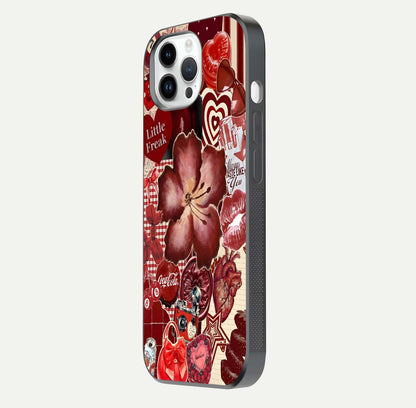 Aesthetic Little Freak Glass Case for iPhone 16 Pro side-angle image showing colorful design, camera module, and glossy finish reflection