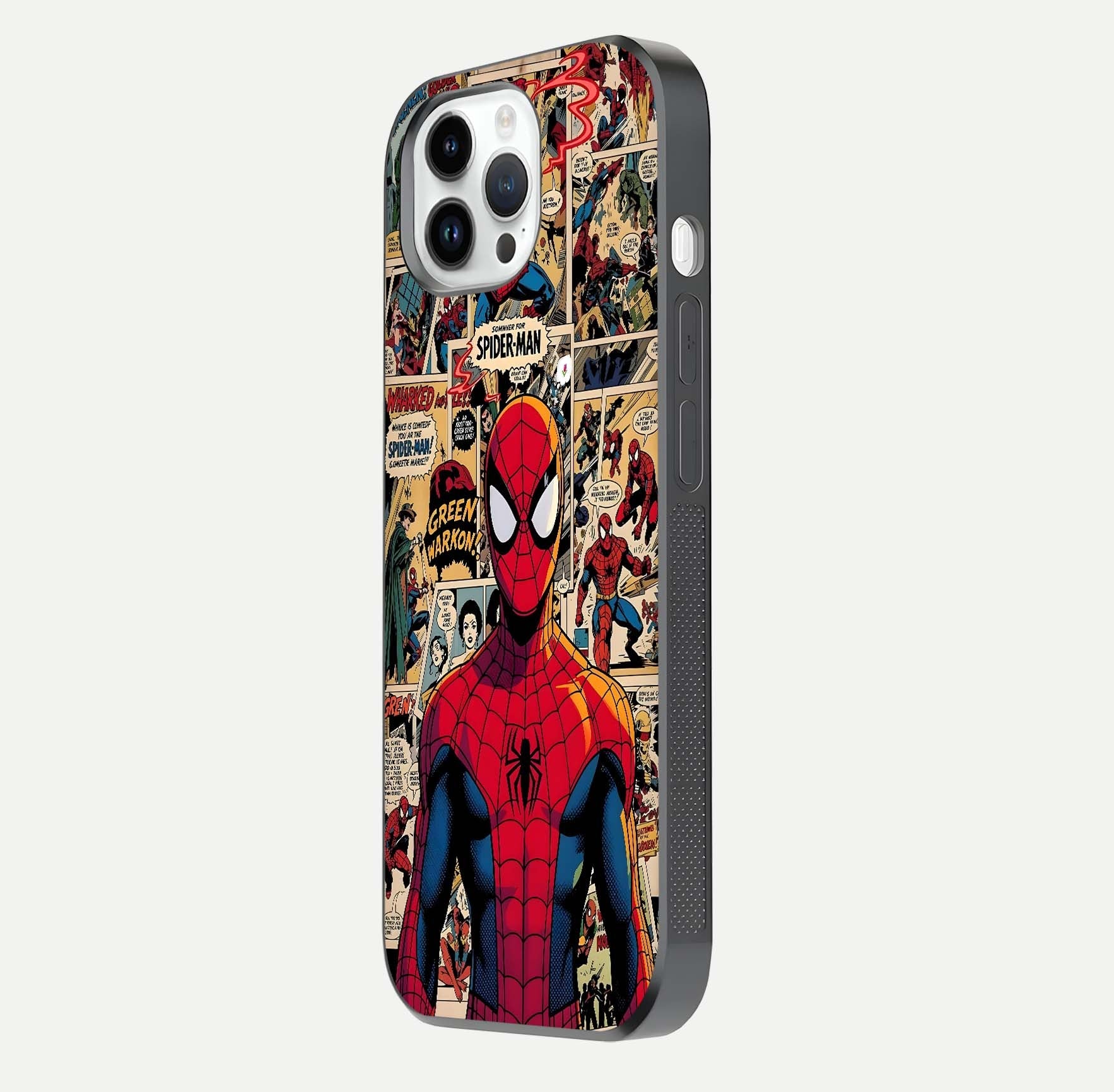 Aesthetic Spider Man Glass Case for iPhone 16 Pro side-angle image showing superhero comic print, camera module, and glossy finish reflection