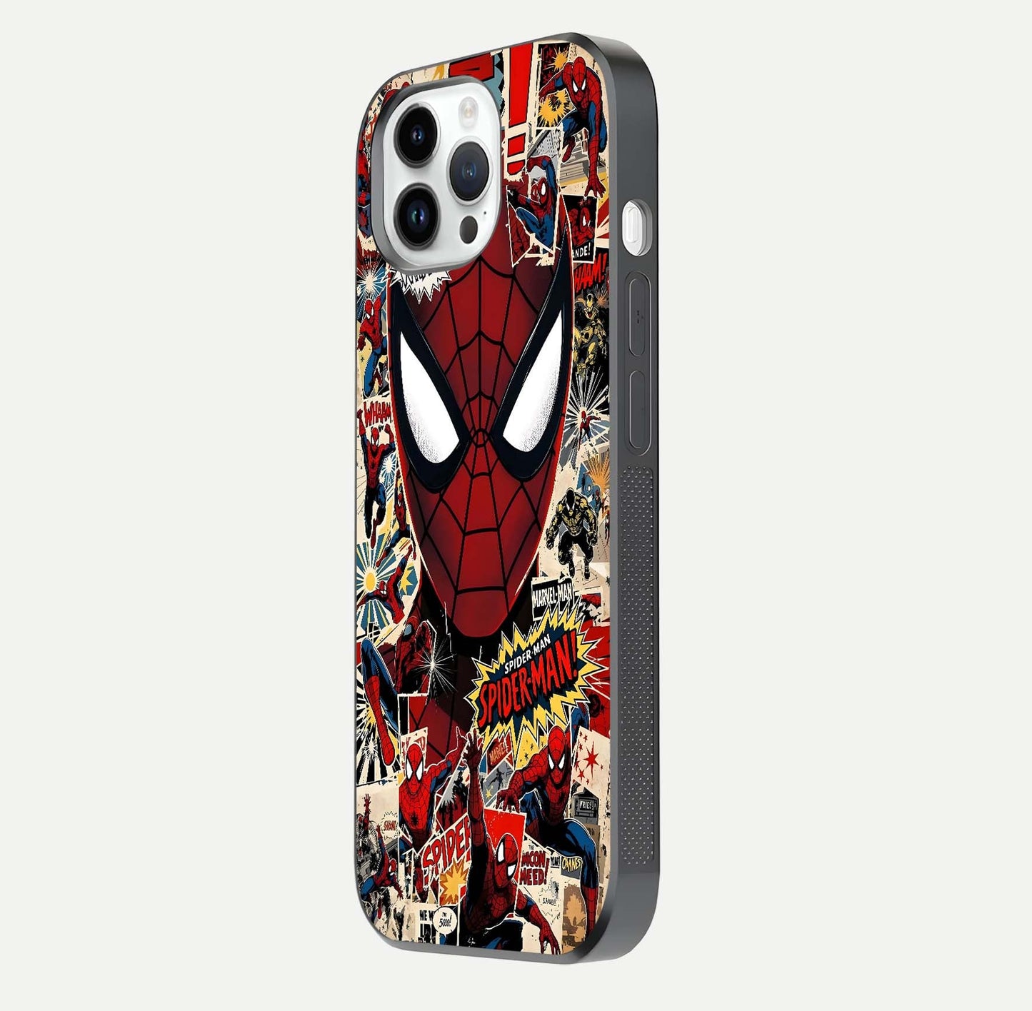 Aesthetic Wonder Spider Glass Case for iPhone 16 Pro side-angle shot showing red-blue tones and durable protective frame