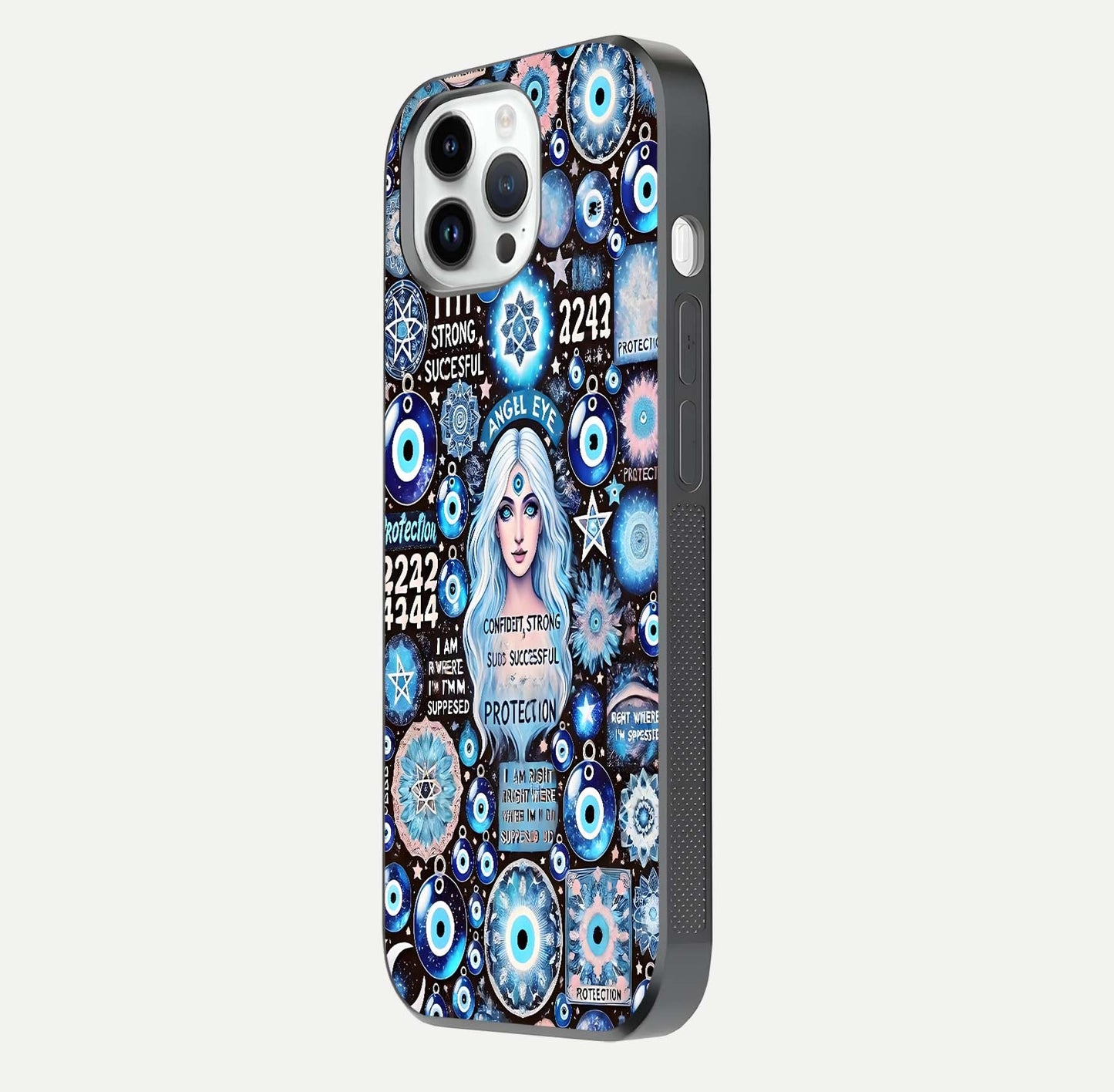 Angel Aura Shield Glass Case for iPhone 16 Pro side-angle photo showcasing aura details and glossy surface reflection