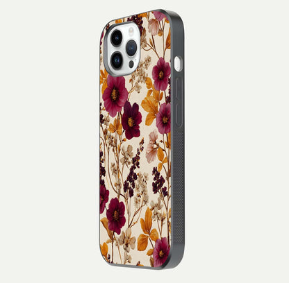 Autumn Wine Bloom Glass Case for iPhone 16 Pro side-angle showcasing floral design, texture gloss, and camera frame