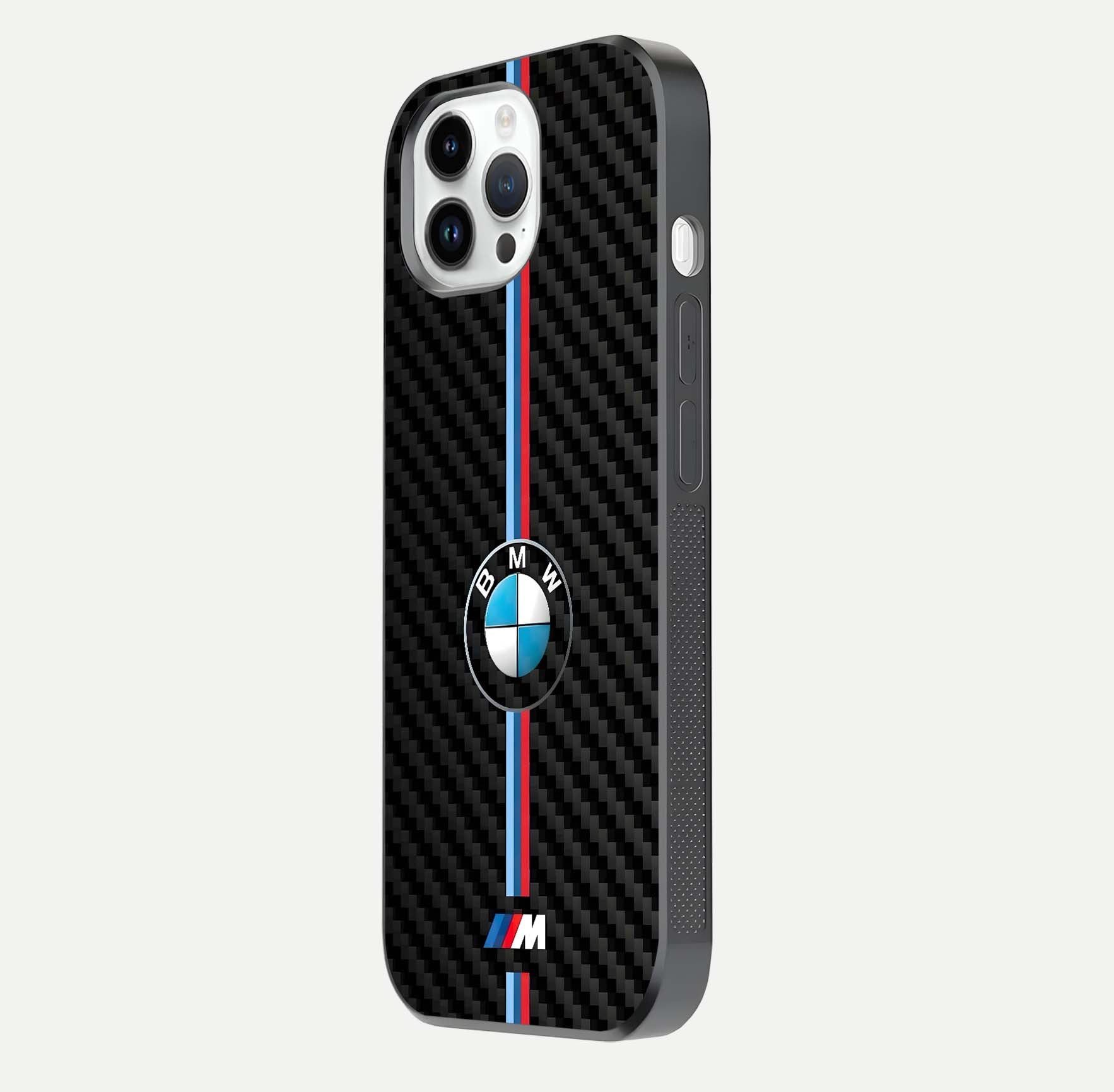 BMW Pattern Glass Case for iPhone 14 Pro side-angle image showing edge finish and luxury car-inspired shine