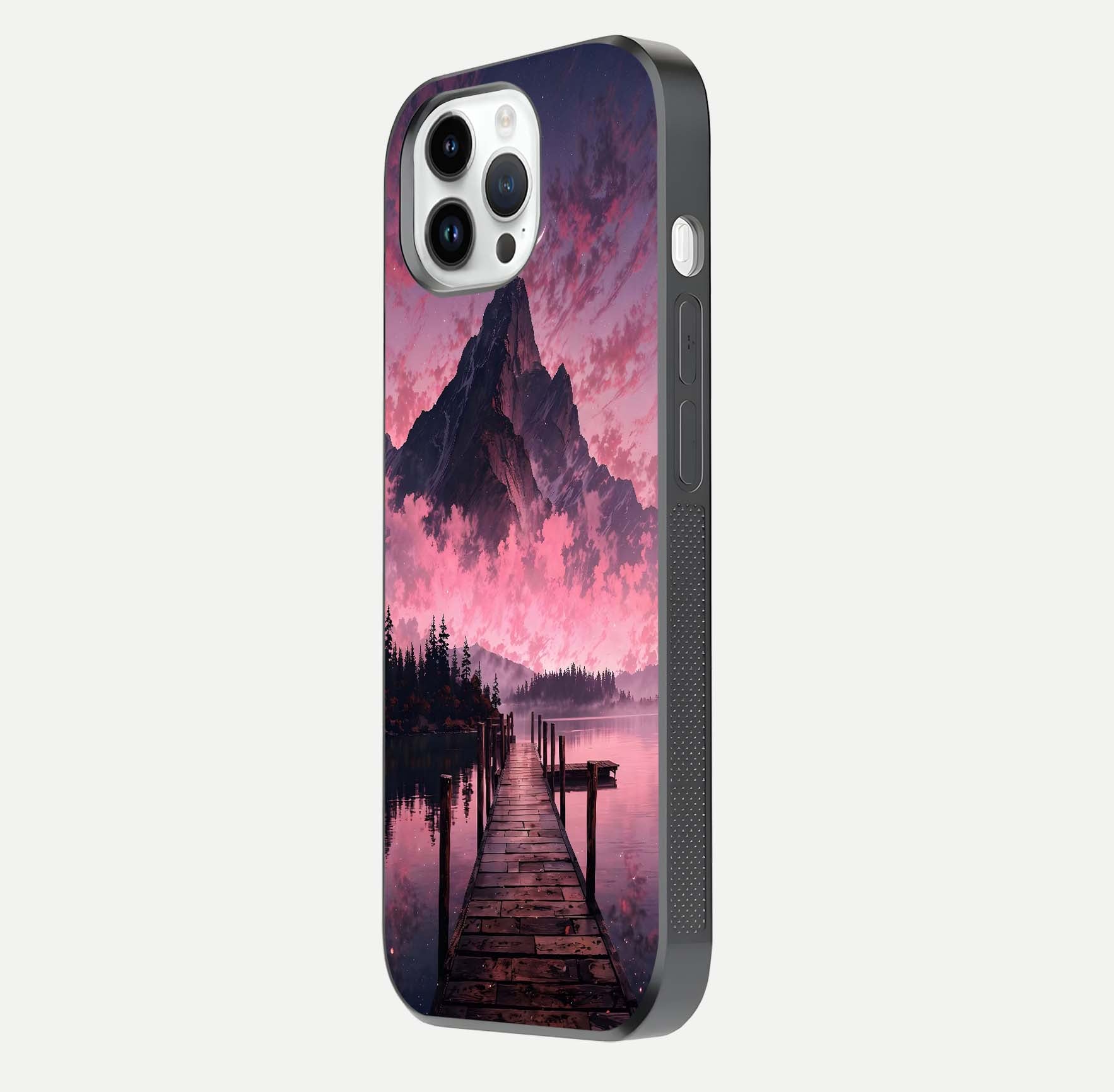 Beautyful Mountain View Glass Case for iPhone 16 Pro side-angle image displaying mountain artwork and gloss surface