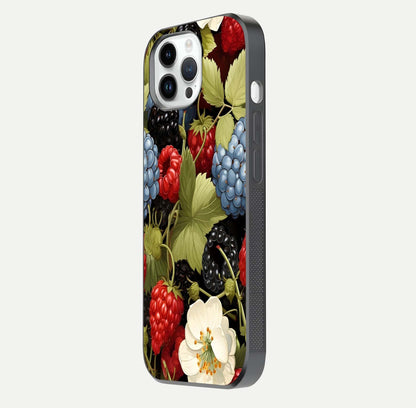Berry Bloom Charm Glass Case for iPhone 14 Pro side-angle image showing floral texture and high-definition print gloss