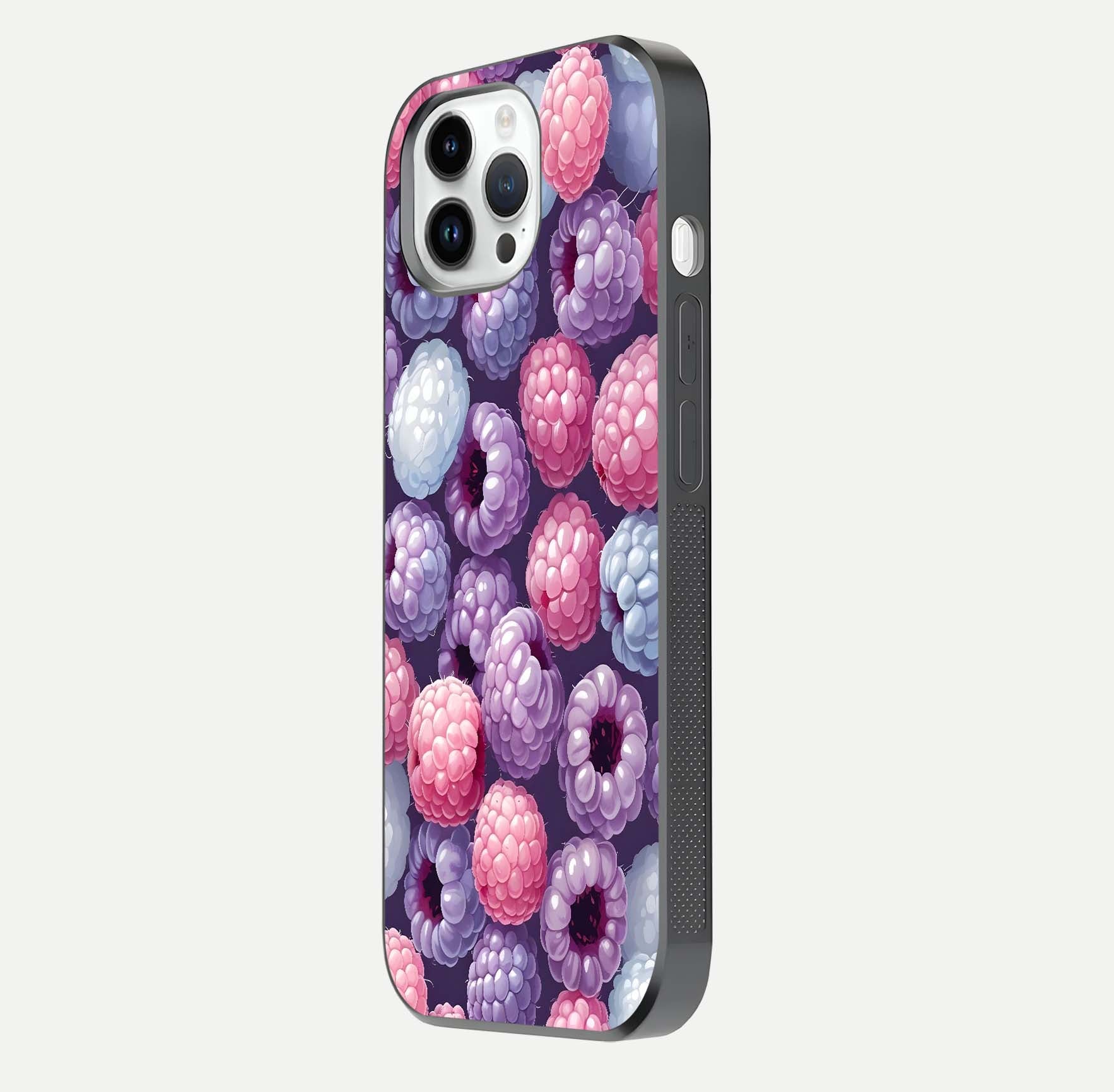 Berry Candy Pop Glass Case for iPhone 16 Pro side-angle image with bright color tones and smooth reflection