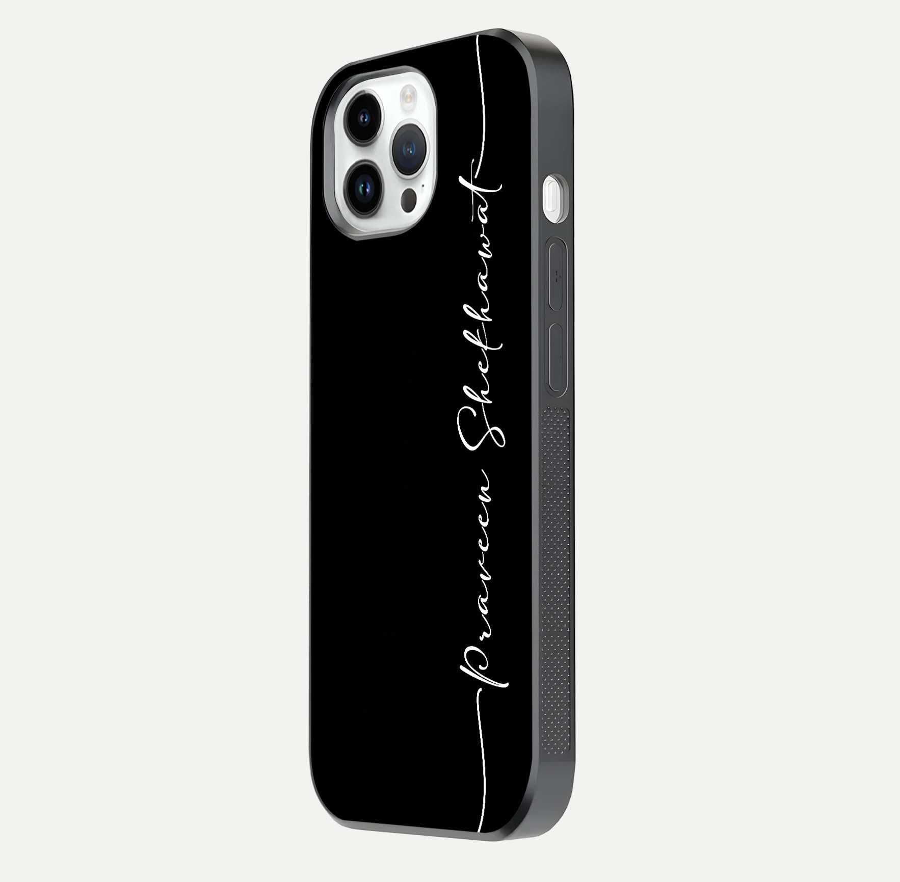Black Tune Custom Name Glass Case for iPhone 16 Pro side-angle photo showing mirror-like surface and slim profile