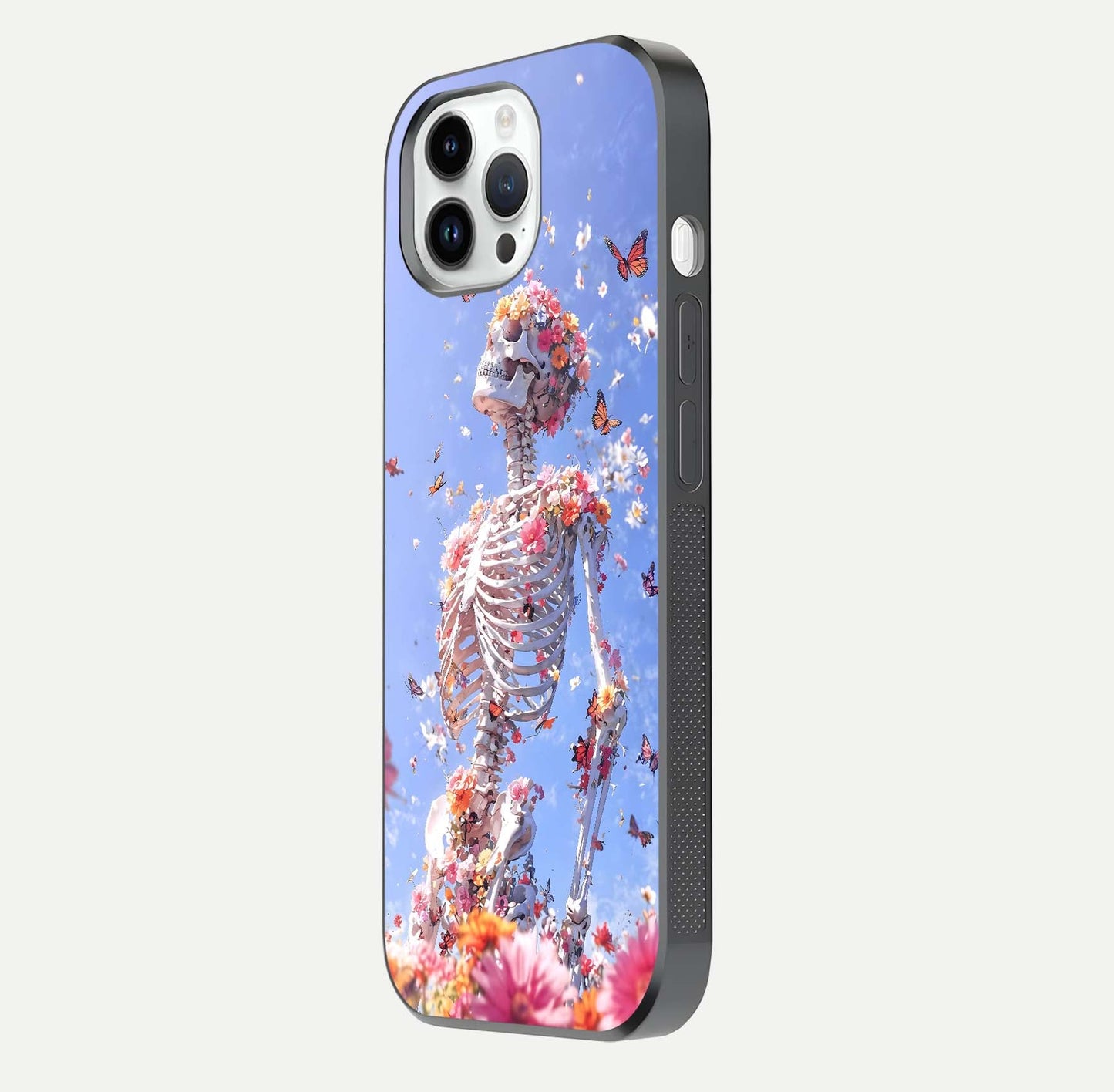Bloom Beyond Bones Glass Case for iPhone 14 Pro side-angle image highlighting print precision and gloss finish