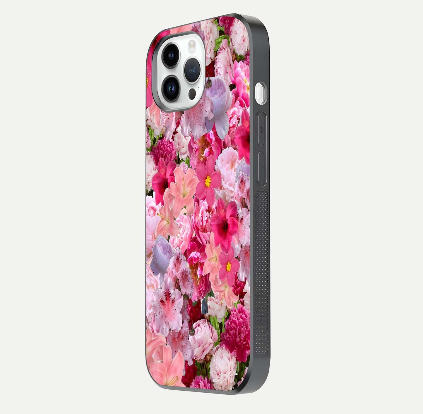 Bloom Crush Fantasy Glass Case for iPhone 16 Pro side-angle shot with fantasy bloom art and gloss surface