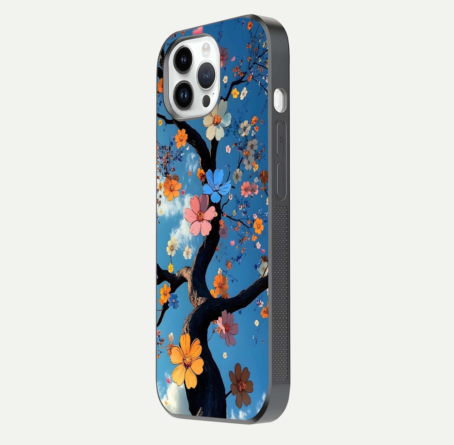 Blossom Dream Sky Glass Case for iPhone 14 Pro side-angle photo showing flower details, edge curve, and reflection shine