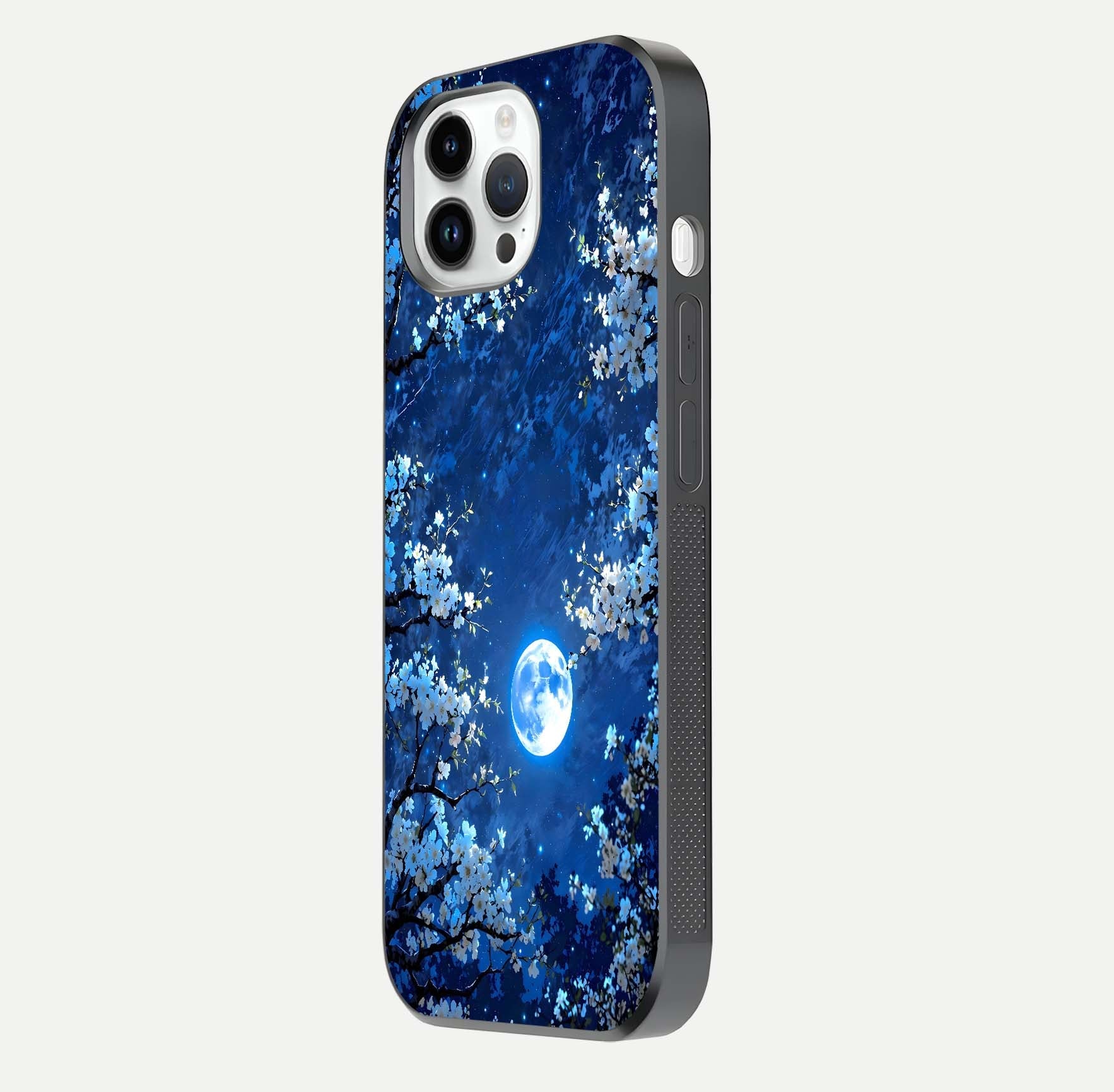 Blossom Moonlight Sky Glass Case for iPhone 16 Pro side-angle view emphasizing moonlight tones and protective edge