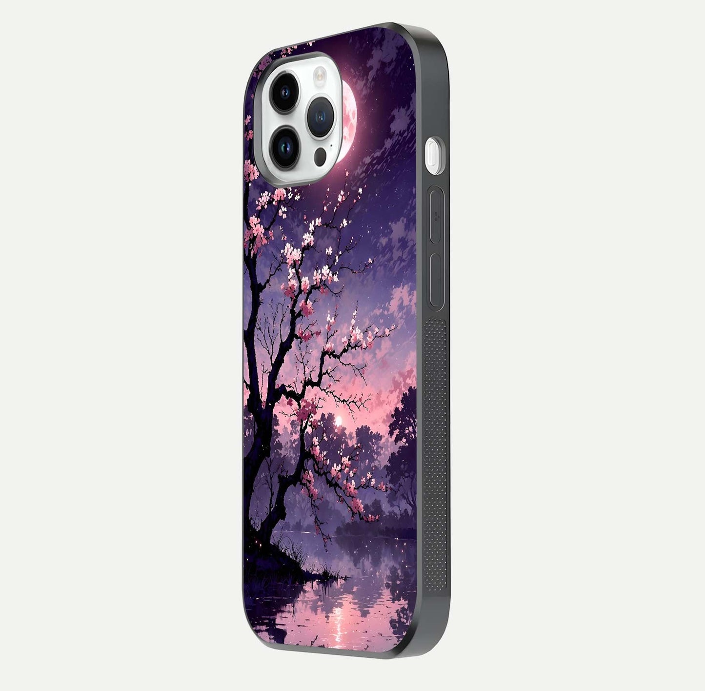 Blossom Pink Moon Glass Case for iPhone 14 Pro side-angle image showing glossy curve and floral-moon balance
