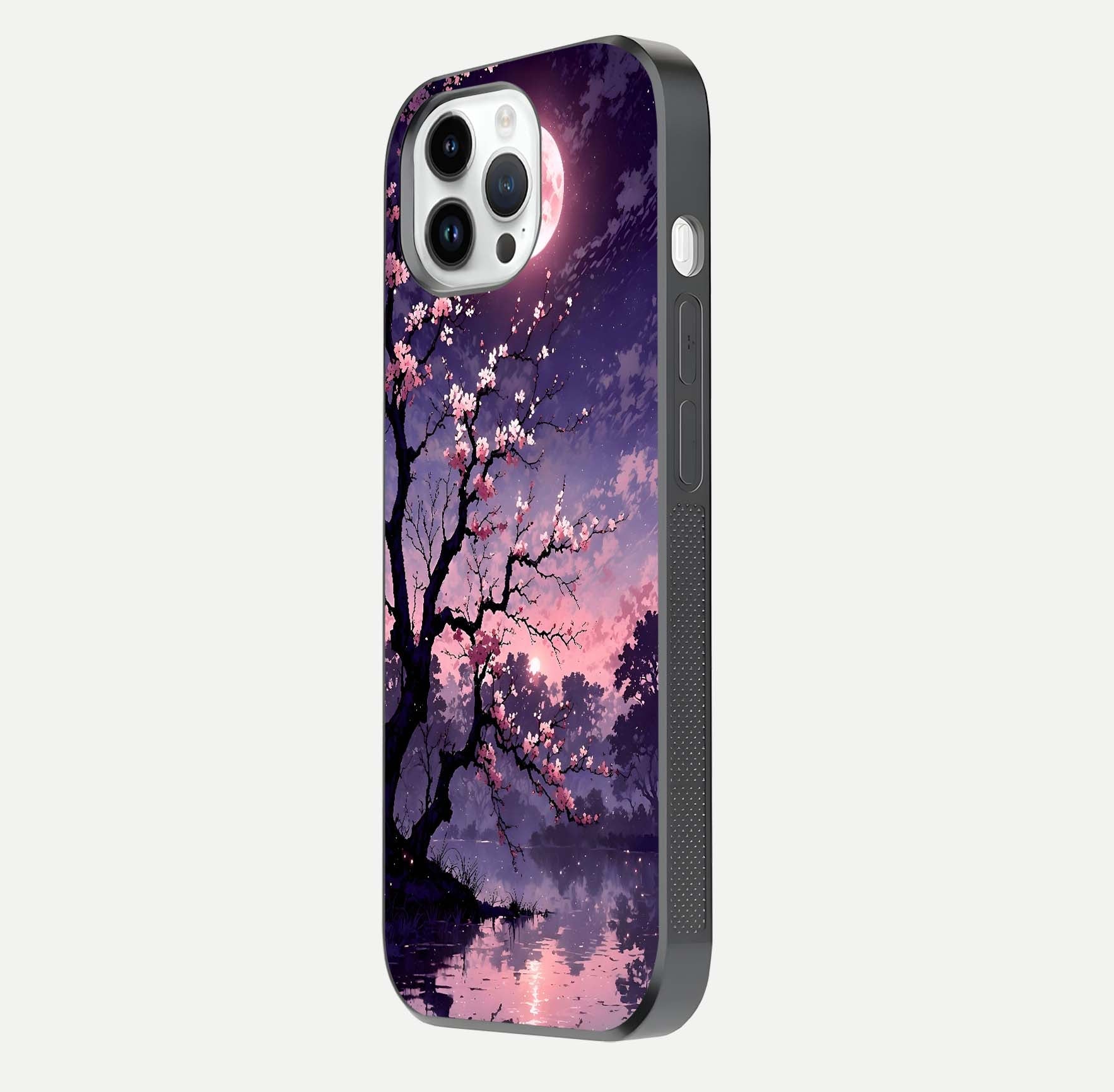Blossom Pink Moon Glass Case for iPhone 14 Pro side-angle image showing glossy curve and floral-moon balance