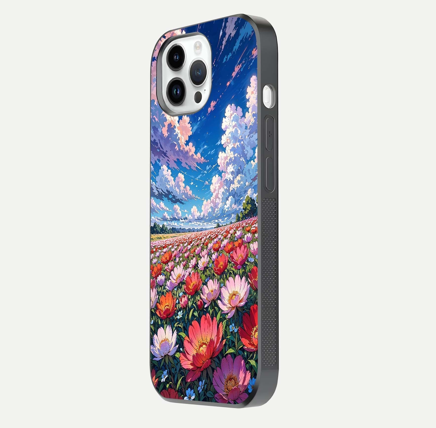Blossom Sky Field Glass Case for iPhone 16 Pro side-angle showing sky hues, blossom texture, and reflective shine