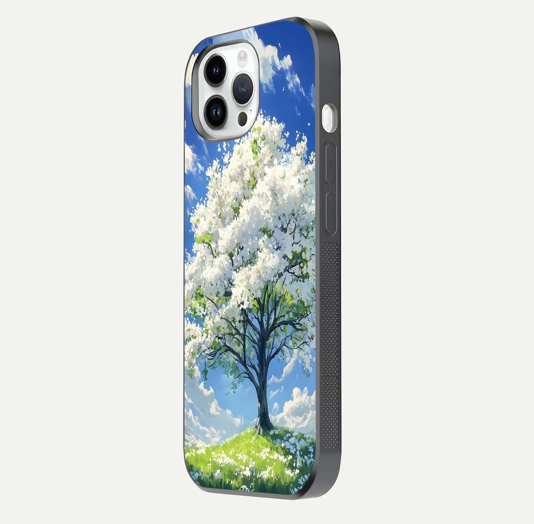 Blossom Sky Serenity Glass Case for iPhone 14 Pro side-angle image showing elegant edge flow and light reflection