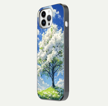 Blossom Sky Serenity Glass Case for iPhone 14 Pro side-angle image showing elegant edge flow and light reflection