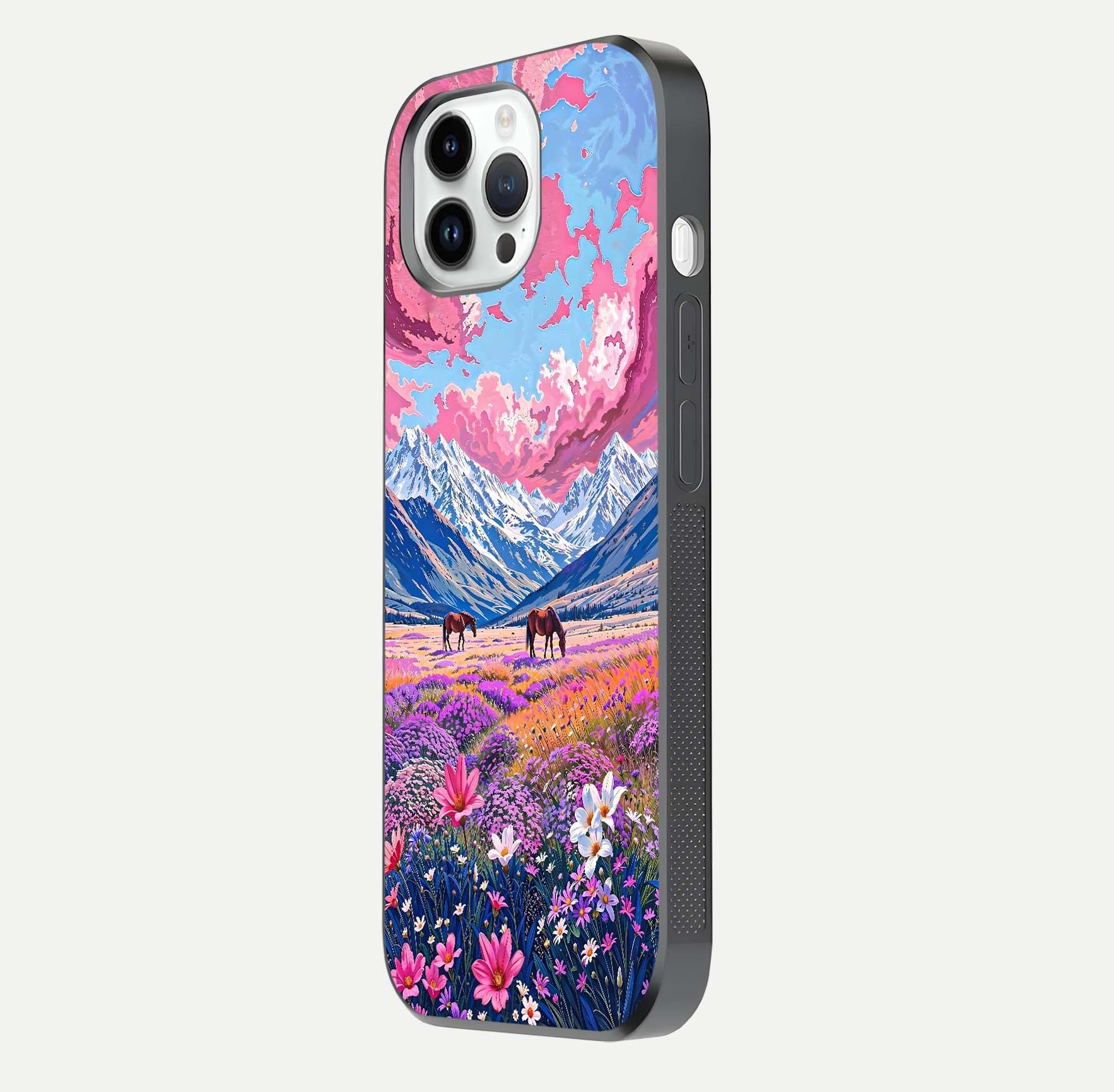 Blossom Valley Dream Glass Case for iPhone 14 Pro side-angle shot showcasing bloom tones and gloss texture
