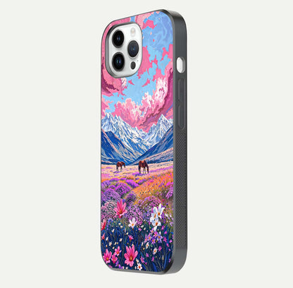 Blossom Valley Dream Glass Case for iPhone 14 Pro side-angle shot showcasing bloom tones and gloss texture