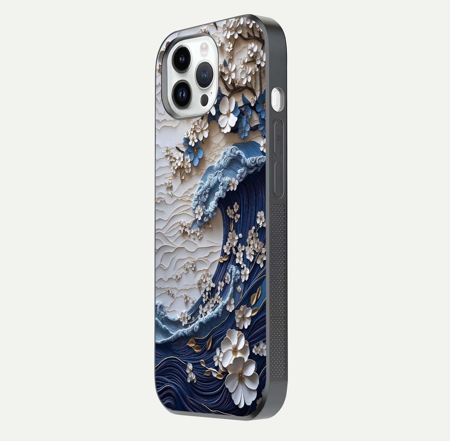 Blossom Wave Art Glass Case for iPhone 14 Pro side-angle view showing wave-flow print and gloss edge finish