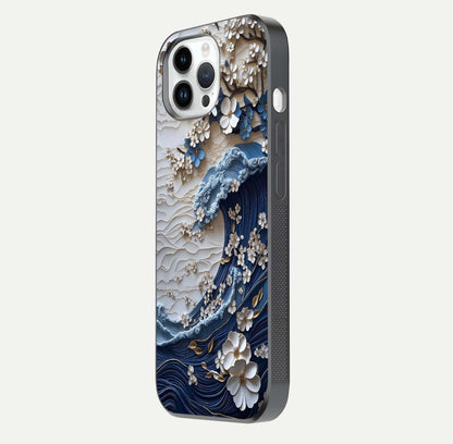 Blossom Wave Art Glass Case for iPhone 14 Pro side-angle view showing wave-flow print and gloss edge finish