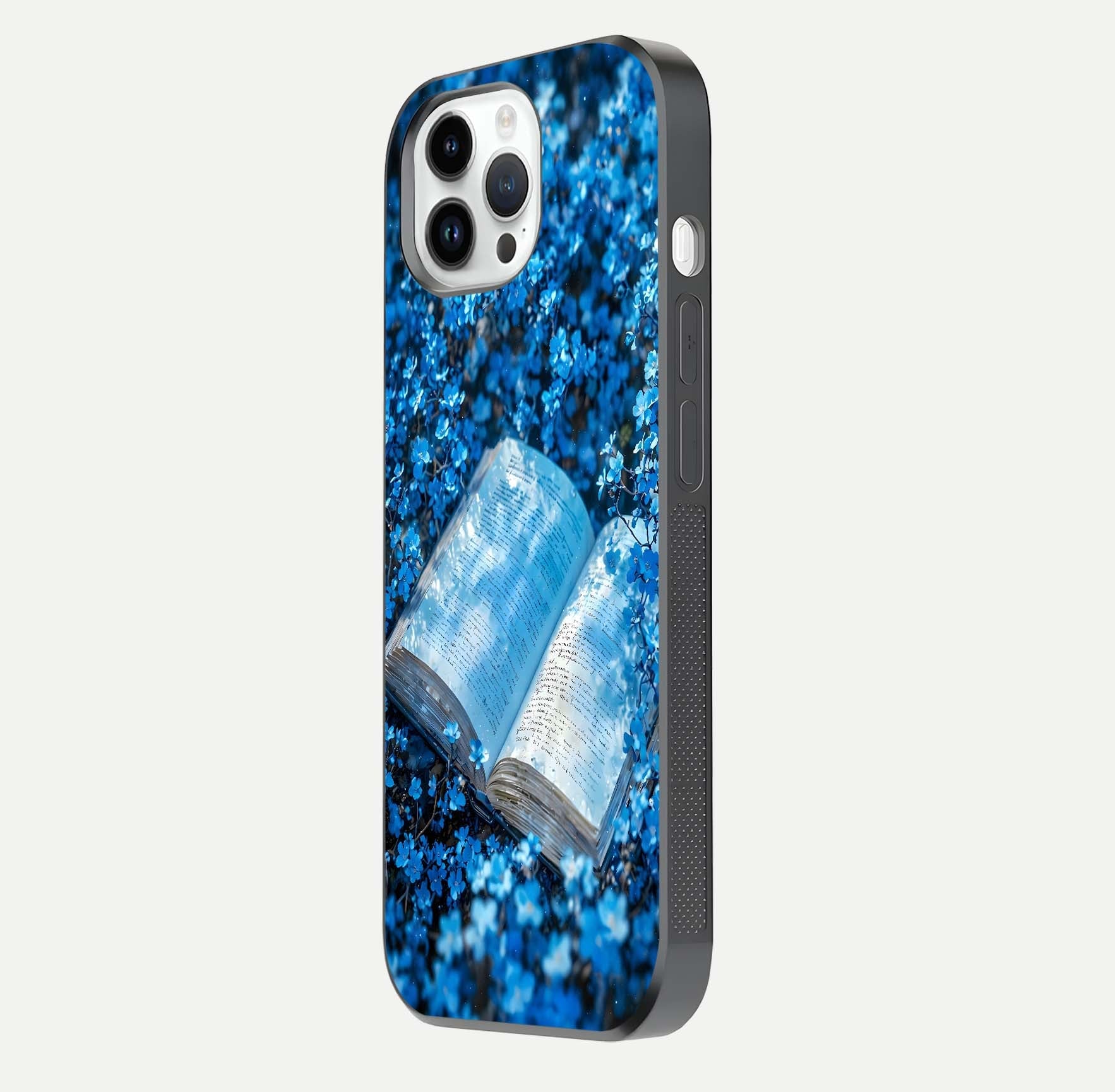 Blue Bloom Tales Glass Case for iPhone 14 Pro side-angle image showing blue floral pattern and glossy finish