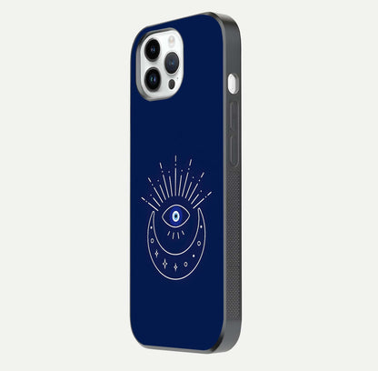 Blue Evil Eye Glass Case for iPhone 14 Pro side-angle view showing edge glow, color balance, and reflective surface