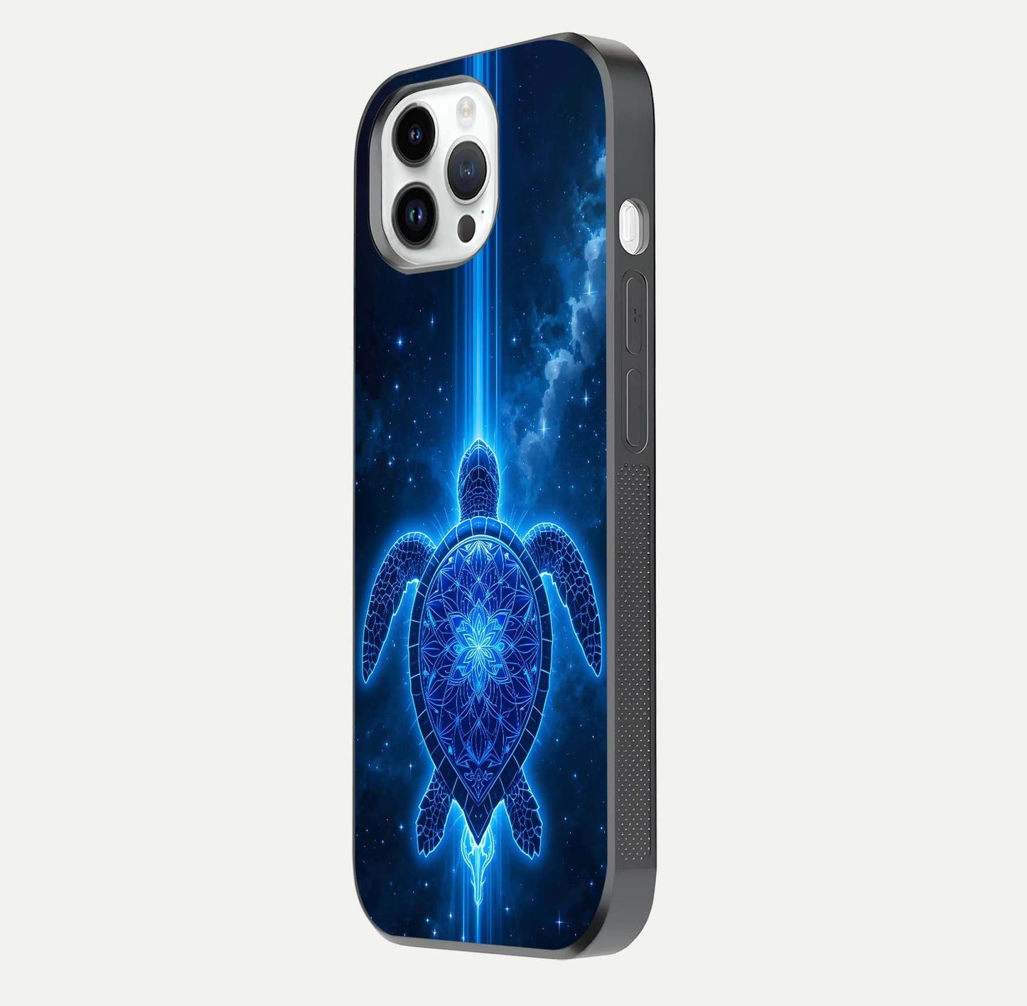 Blue Galaxy Turtle Glass Case for iPhone 16 Pro side-angle photo capturing galaxy shine and smooth edge design