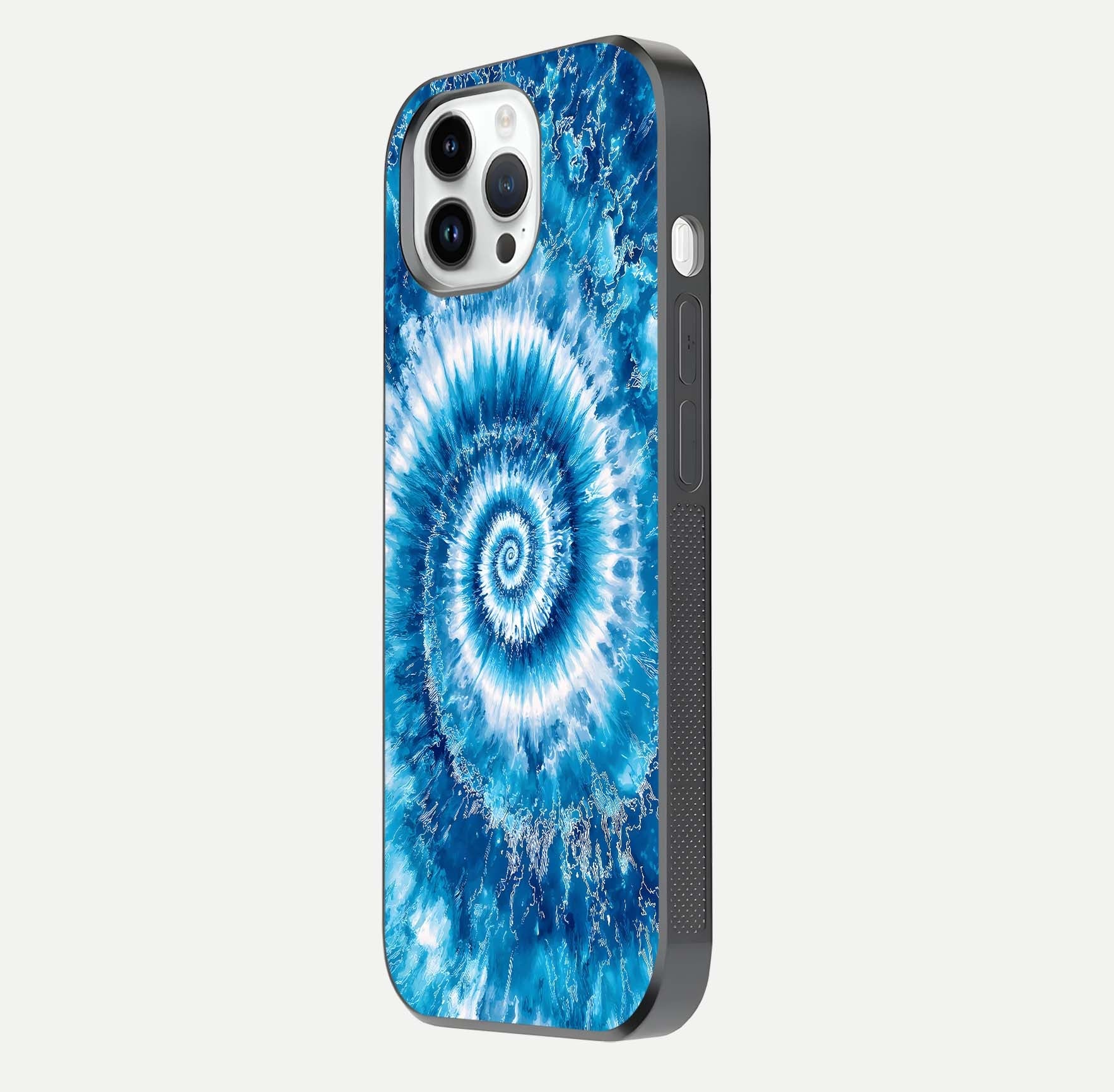 Blue Galaxy Wave Glass Case for iPhone 14 Pro side-angle image showing wave ripple art and glass gloss