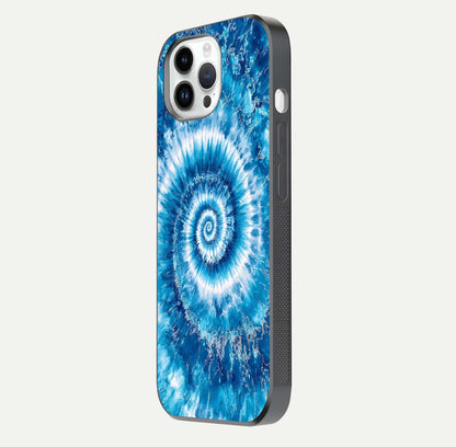 Blue Galaxy Wave Glass Case for iPhone 14 Pro side-angle image showing wave ripple art and glass gloss