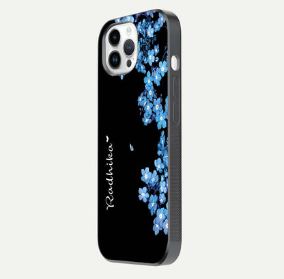Blue Petal Dream Custom Name Glass Case for iPhone 14 Pro side-angle image showing name print clarity and smooth gloss