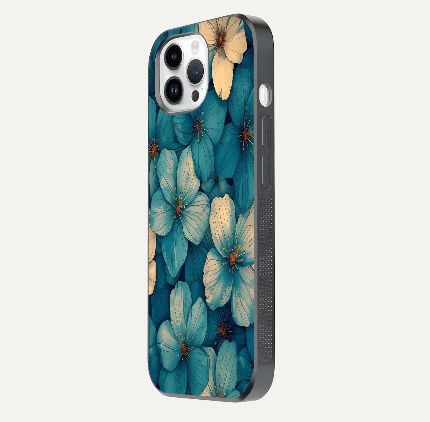 Blue Shade Floral Glass Case for iPhone 14 Pro side-angle photo showing detailed floral hues and curved glass shine