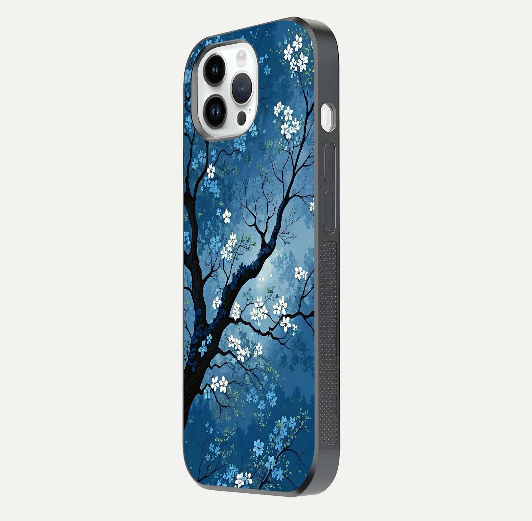 Blue Tree Serenity Glass Case for iPhone 14 Pro side-angle shot showing glossy edge and tree pattern reflection